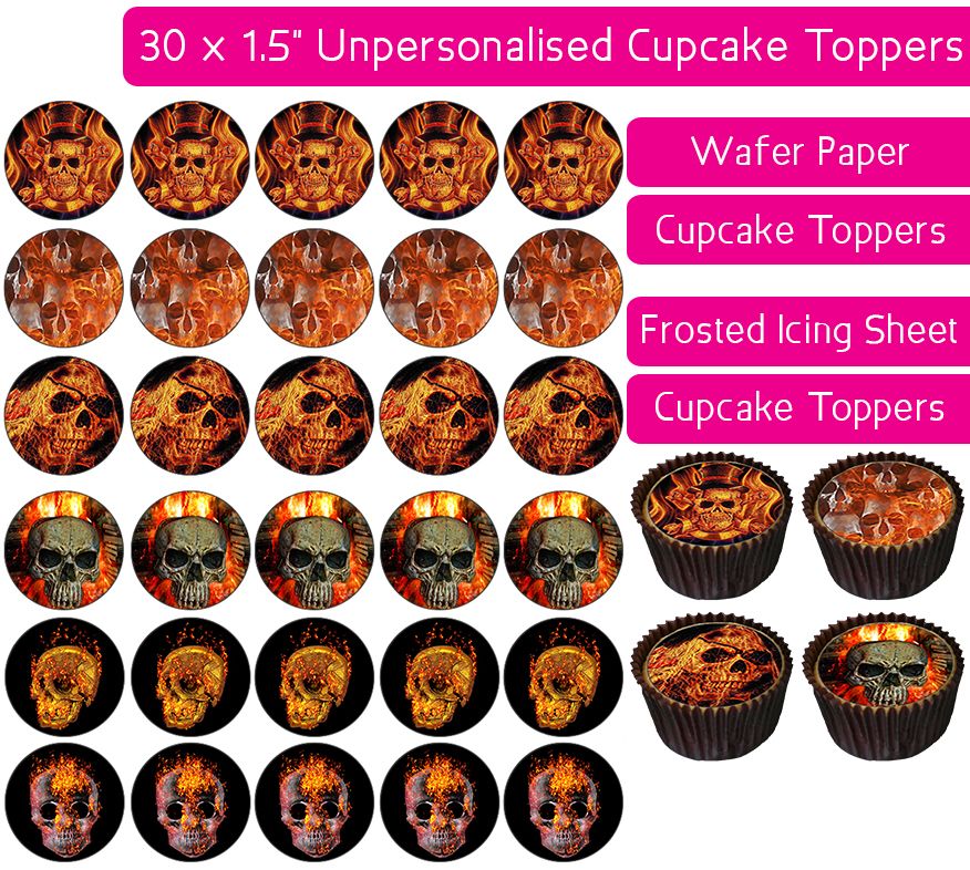 Flame Skull - 30 Cupcake Toppers