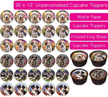 Puppies Flowers - 30 Cupcake Toppers