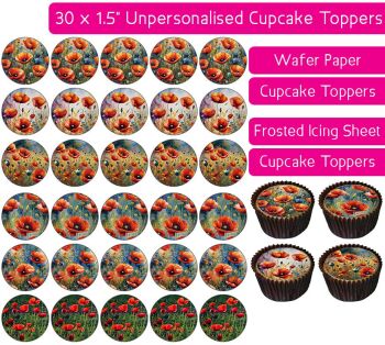 Poppy Field - 30 Cupcake Toppers