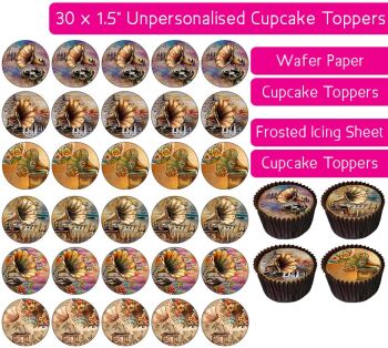 Vintage Gramophone Vinyl Record - 30 Cupcake Toppers