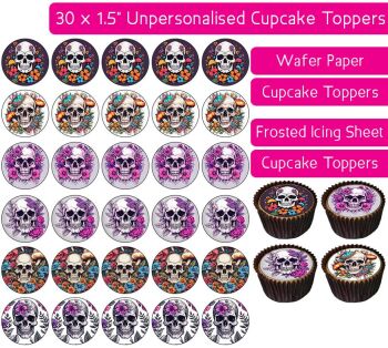 Skull Flowers - 30 Cupcake Toppers