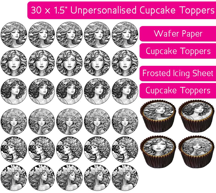 Princess Black and White - 30 Cupcake Toppers