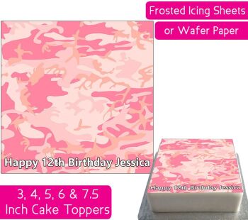 Camouflage Print Square - Pink - Personalised Cake Topper