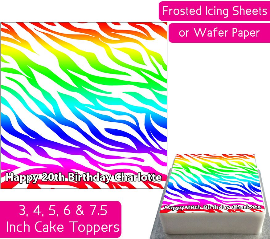 Zebra Print Square - Rainbow - Personalised Cake Topper