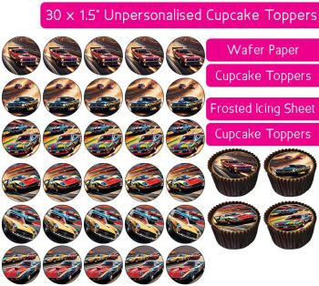 Cartoon Racecars - 30 Cupcake Toppers