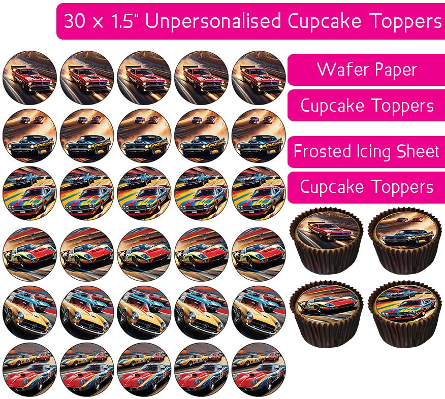 Cartoon Racecars - 30 Cupcake Toppers