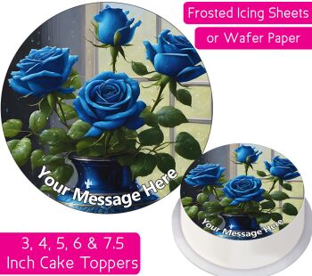 Blue Roses Vase Personalised Cake Topper