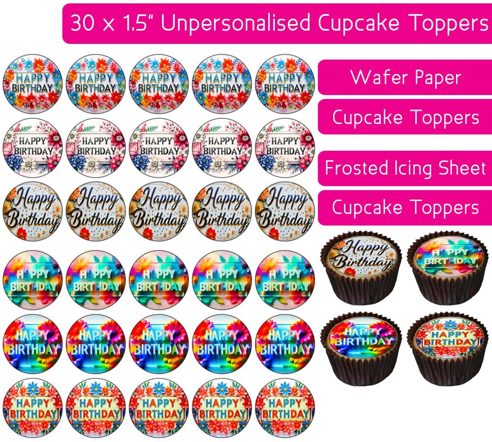 Happy Birthday Flowers - 30 Cupcake Toppers