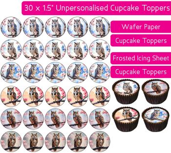 Cherry Blossom Owl - 30 Cupcake Toppers