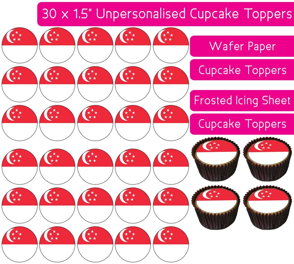 Singapore Flag - 30 Cupcake Toppers