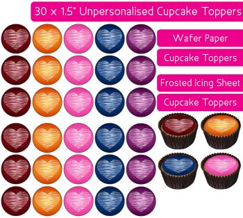 Coloured Hearts - 30 Cupcake Toppers