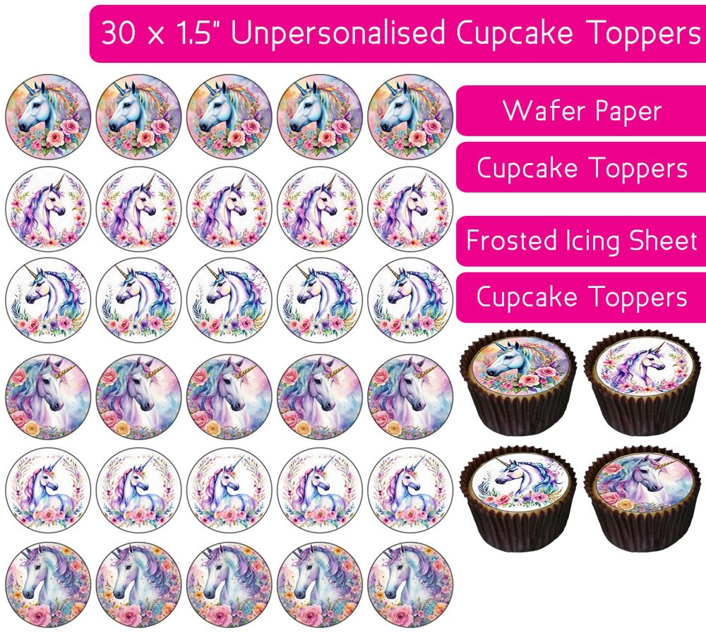 Unicorn Flowers - 30 Cupcake Toppers
