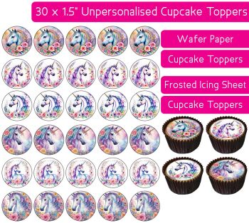 Unicorn Flowers - 30 Cupcake Toppers