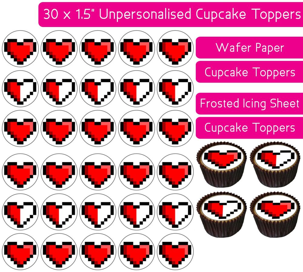 Video Game Pixel Heart - 30 Cupcake Toppers