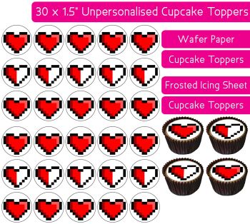 Video Game Pixel Heart - 30 Cupcake Toppers