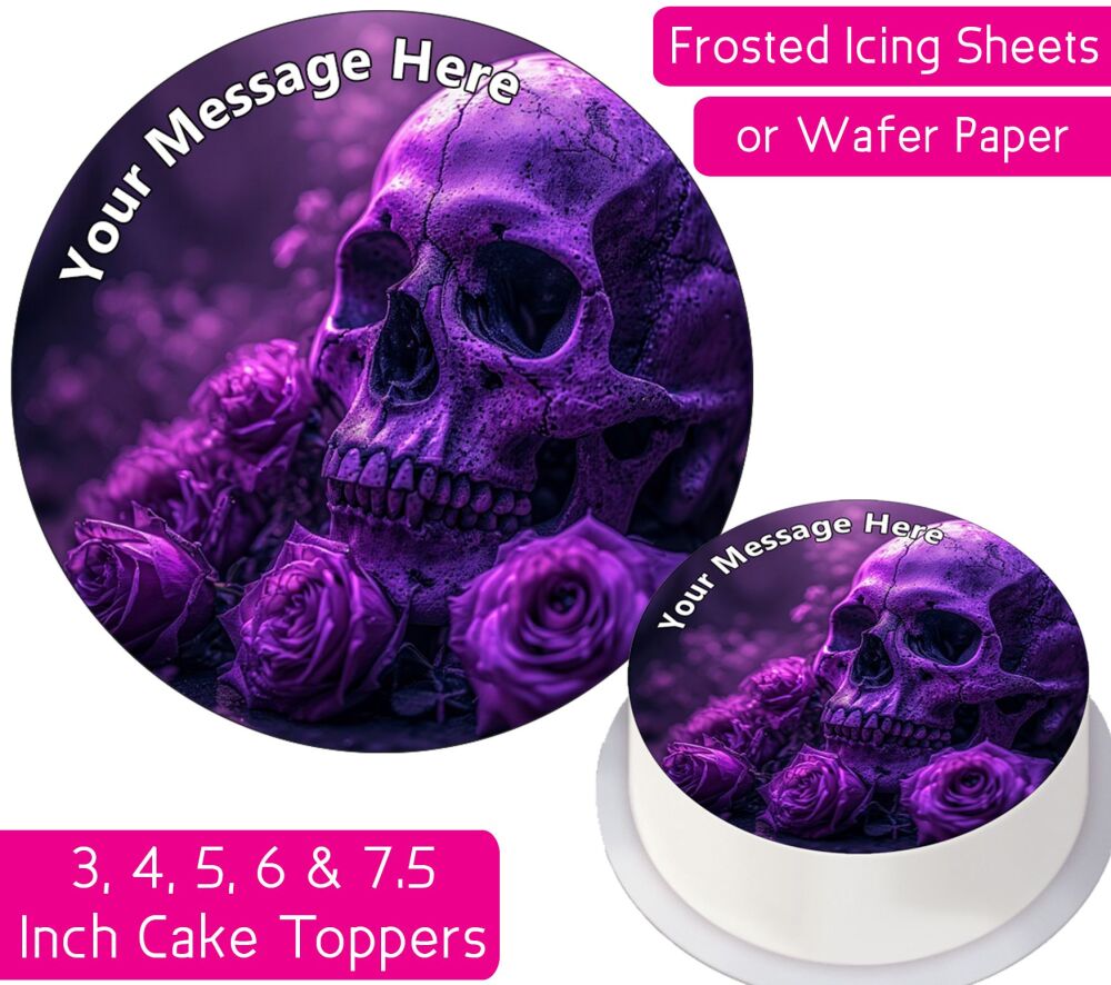 Purple Goth Skull Flowers Personalised Cake Topper