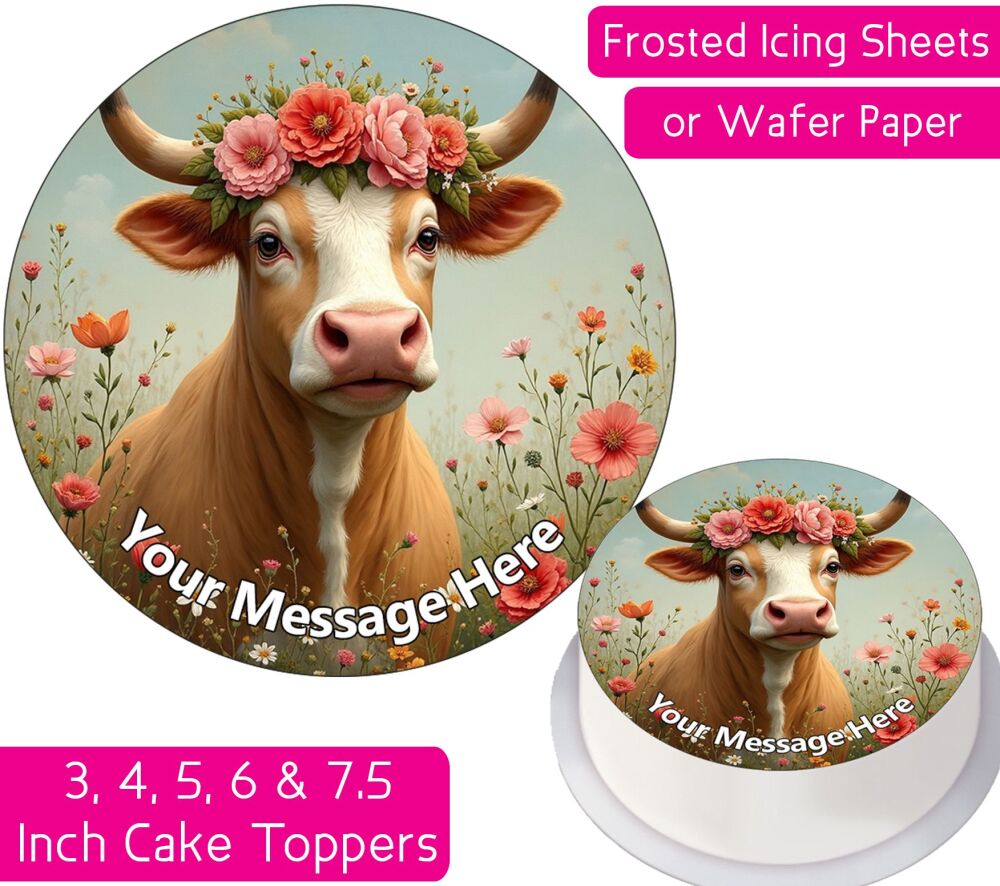 Cow Flower Wreath Personalised Cake Topper