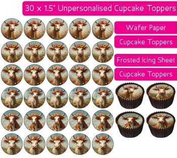 Cow Flower Wreath - 30 Cupcake Toppers