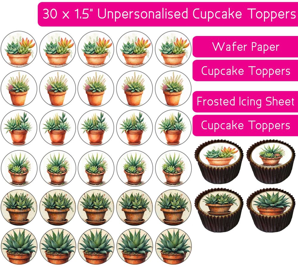 Succulent Plants Flowerpot - 30 Cupcake Toppers