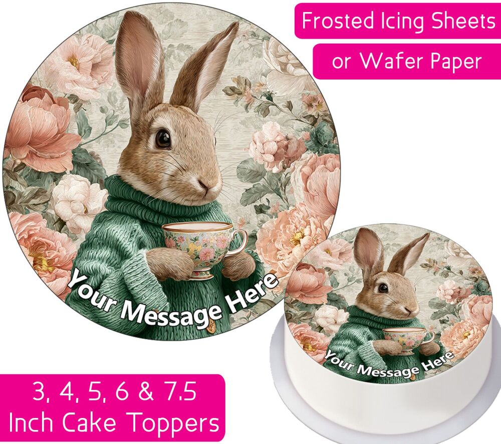 Floral Rabbit Drinking Tea Personalised Cake Topper