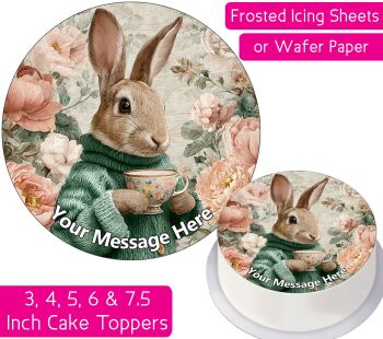 Floral Rabbit Drinking Tea Personalised Cake Topper
