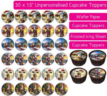 Christmas Cows - 30 Cupcake Toppers