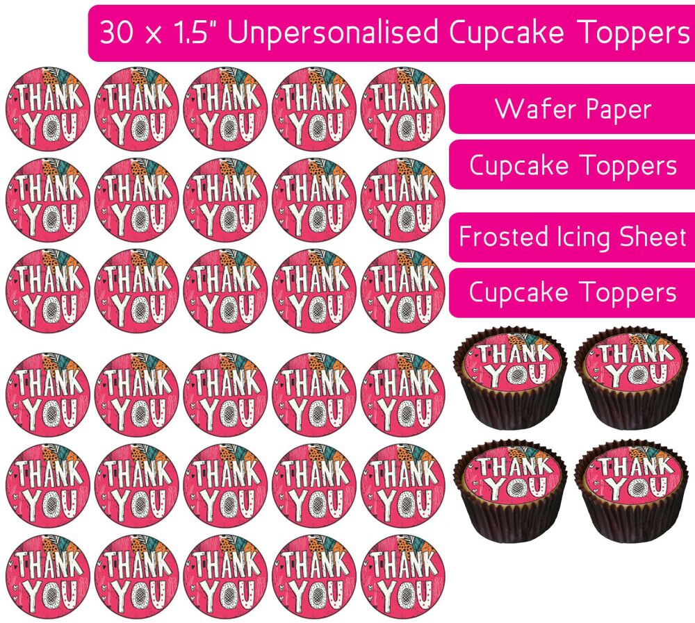 Thank You Pink Text - 30 Cupcake Toppers