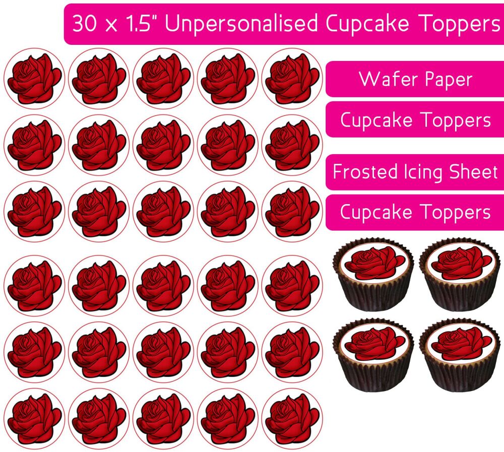 Cartoon Red Rose Flowers - 30 Cupcake Toppers