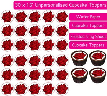 Cartoon Red Rose Flowers - 30 Cupcake Toppers