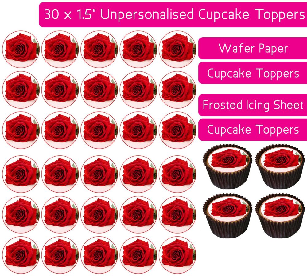 Beautiful Red Rose Flowers - 30 Cupcake Toppers