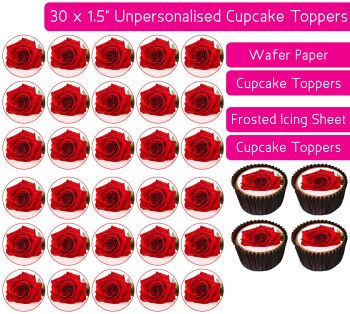 Beautiful Red Rose Flowers - 30 Cupcake Toppers