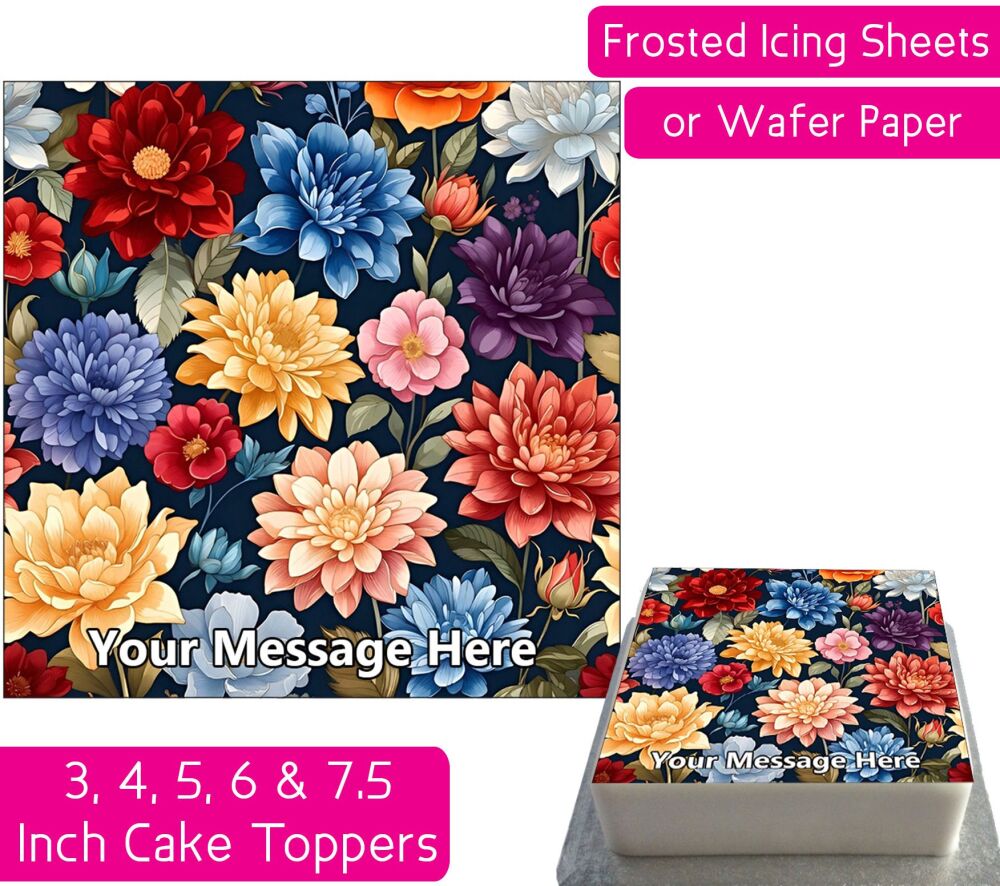 Colourful Flowers Square Personalised Cake Topper