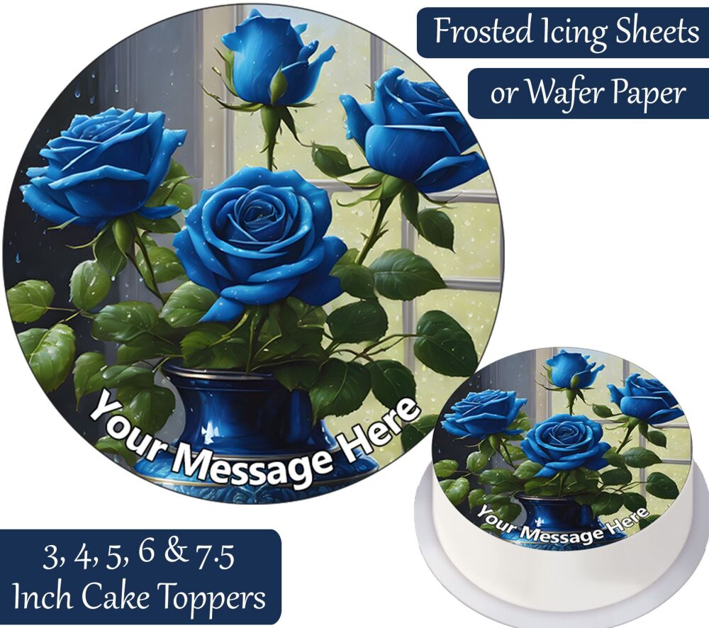 Blue Roses Vase Personalised Cake Topper
