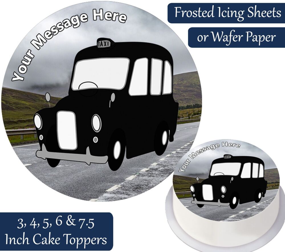 Cartoon Taxi Black Cab Personalised Cake Topper