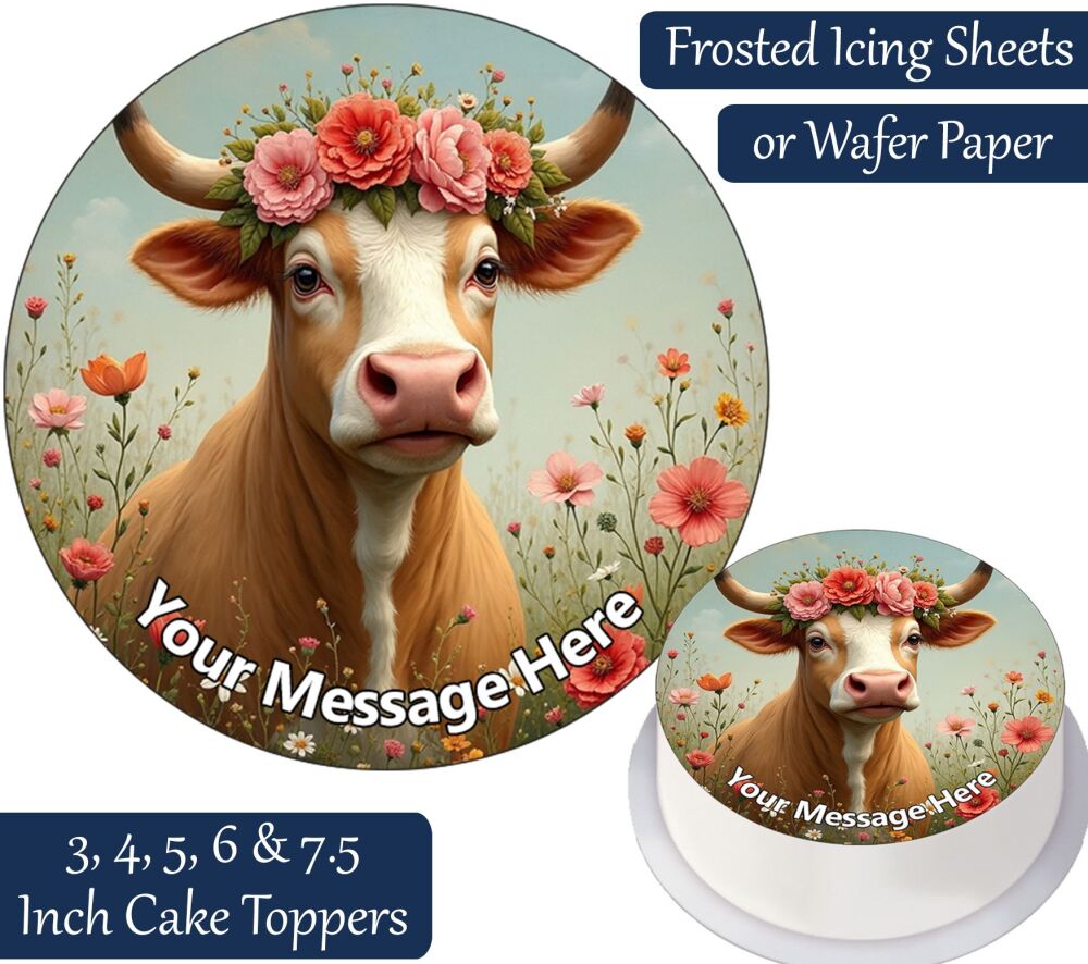Cow Flower Wreath Personalised Cake Topper