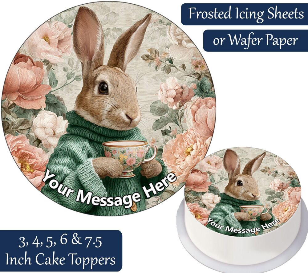 Floral Rabbit Drinking Tea Personalised Cake Topper