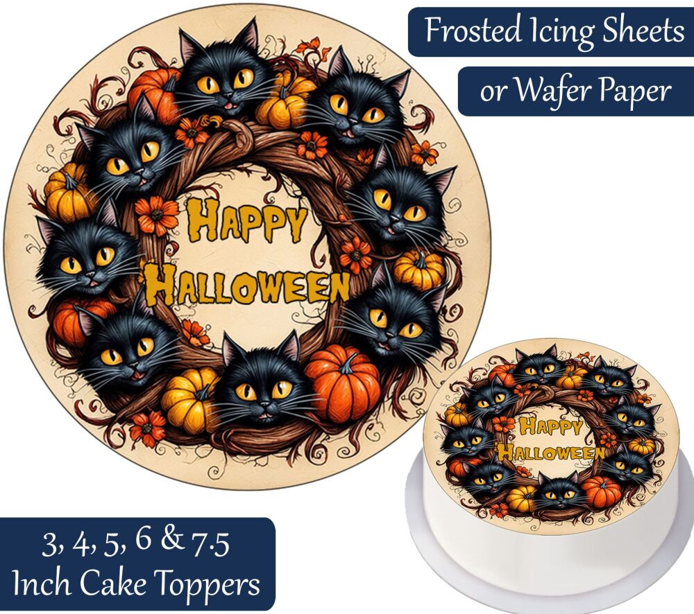 Halloween Black Cat Wreath Personalised Cake Topper