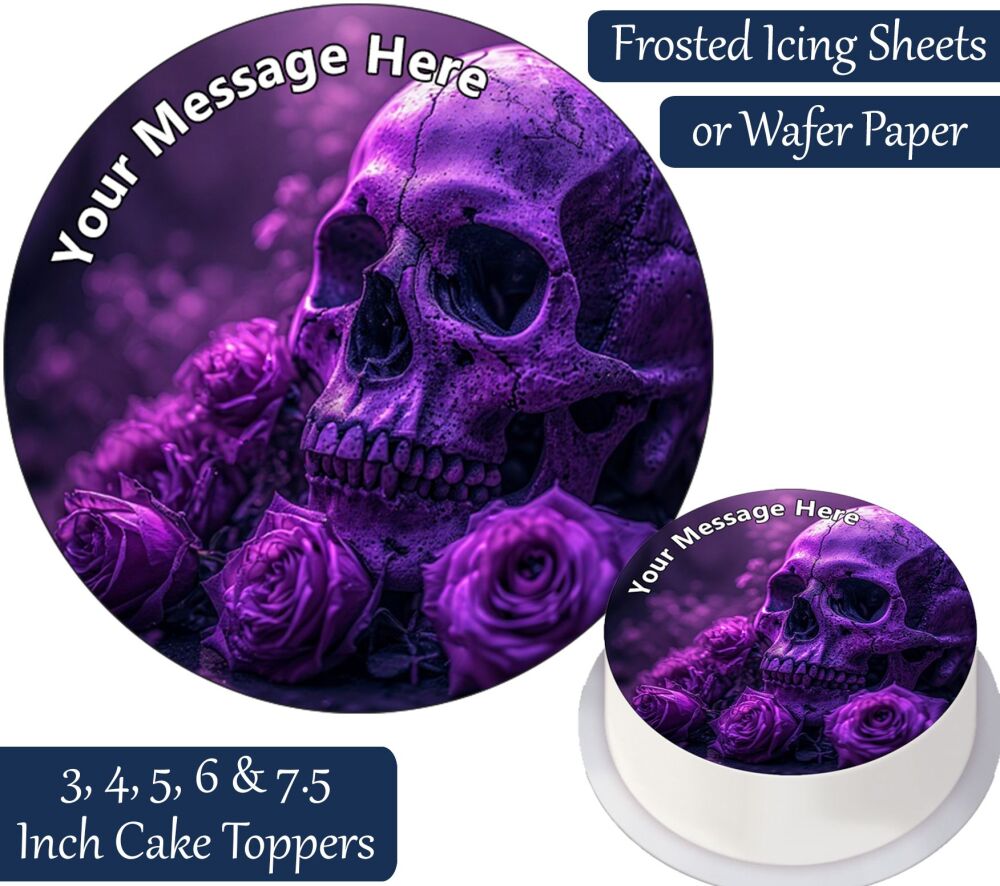 Purple Goth Skull Flowers Personalised Cake Topper