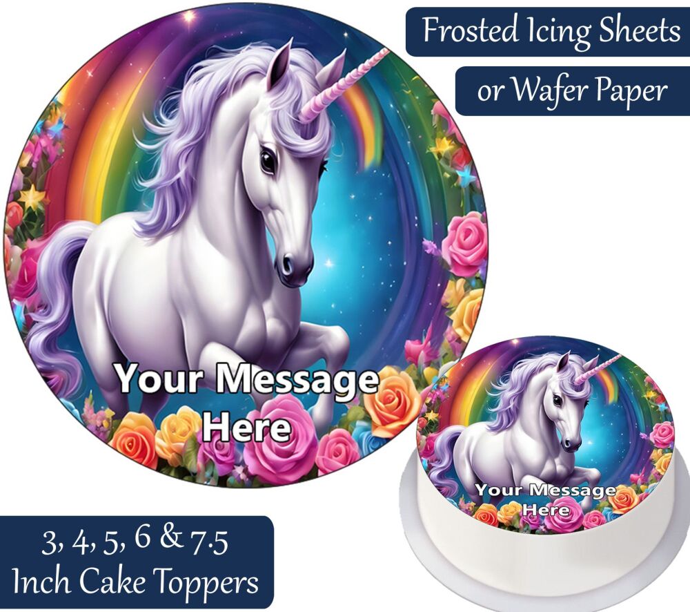 Rainbow Unicorn Flowers Personalised Cake Topper