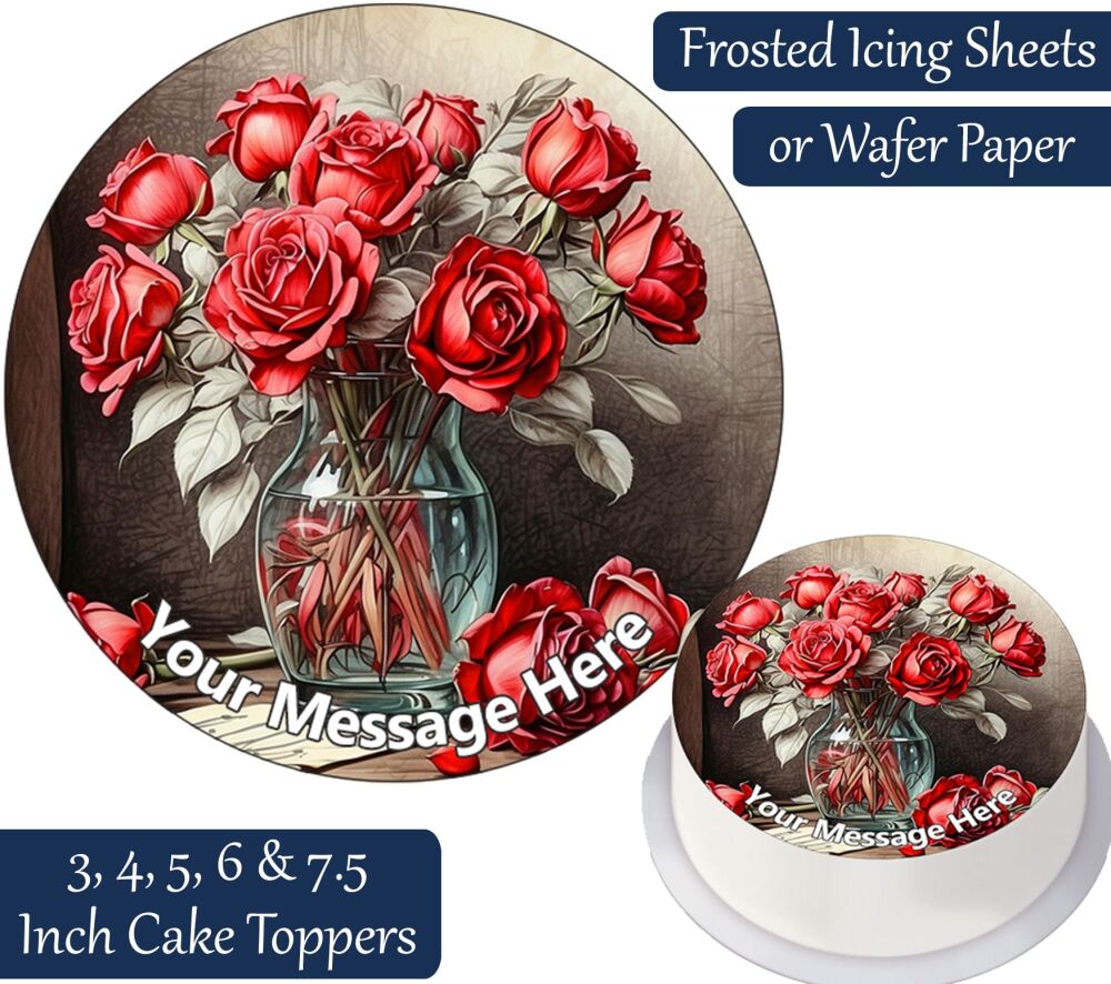 Vase Red Flowers Personalised Cake Topper