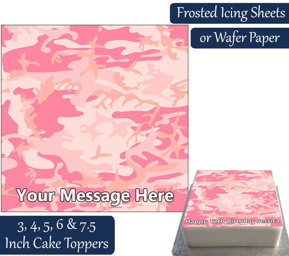 Camouflage Print Square - Pink - Personalised Cake Topper