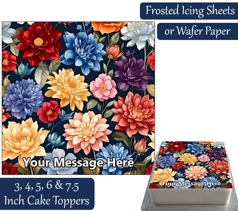 Colourful Flowers Square Personalised Cake Topper