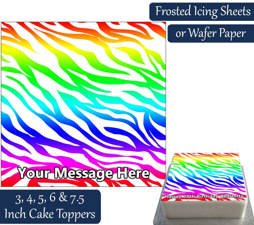 Zebra Print Square - Rainbow - Personalised Cake Topper
