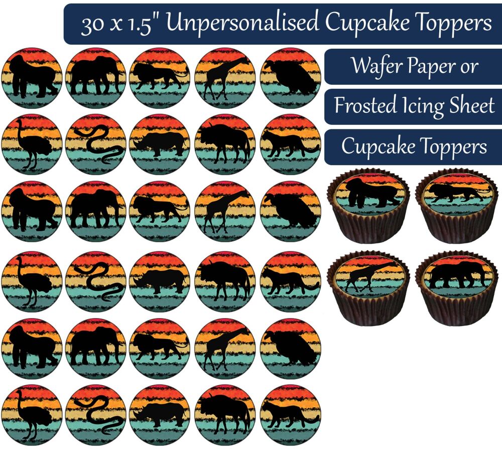 African Animal Silhouettes - 30 Cupcake Toppers