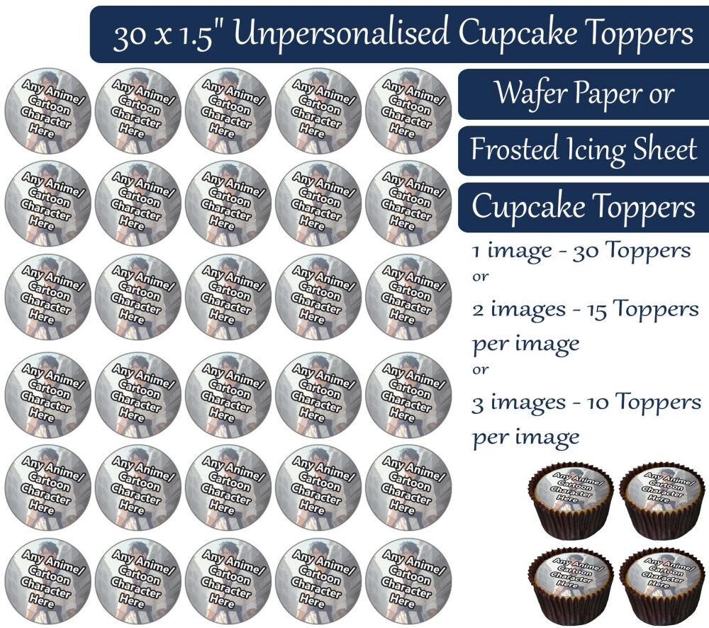 Any Anime Character - 30 Icing Cupcake Toppers