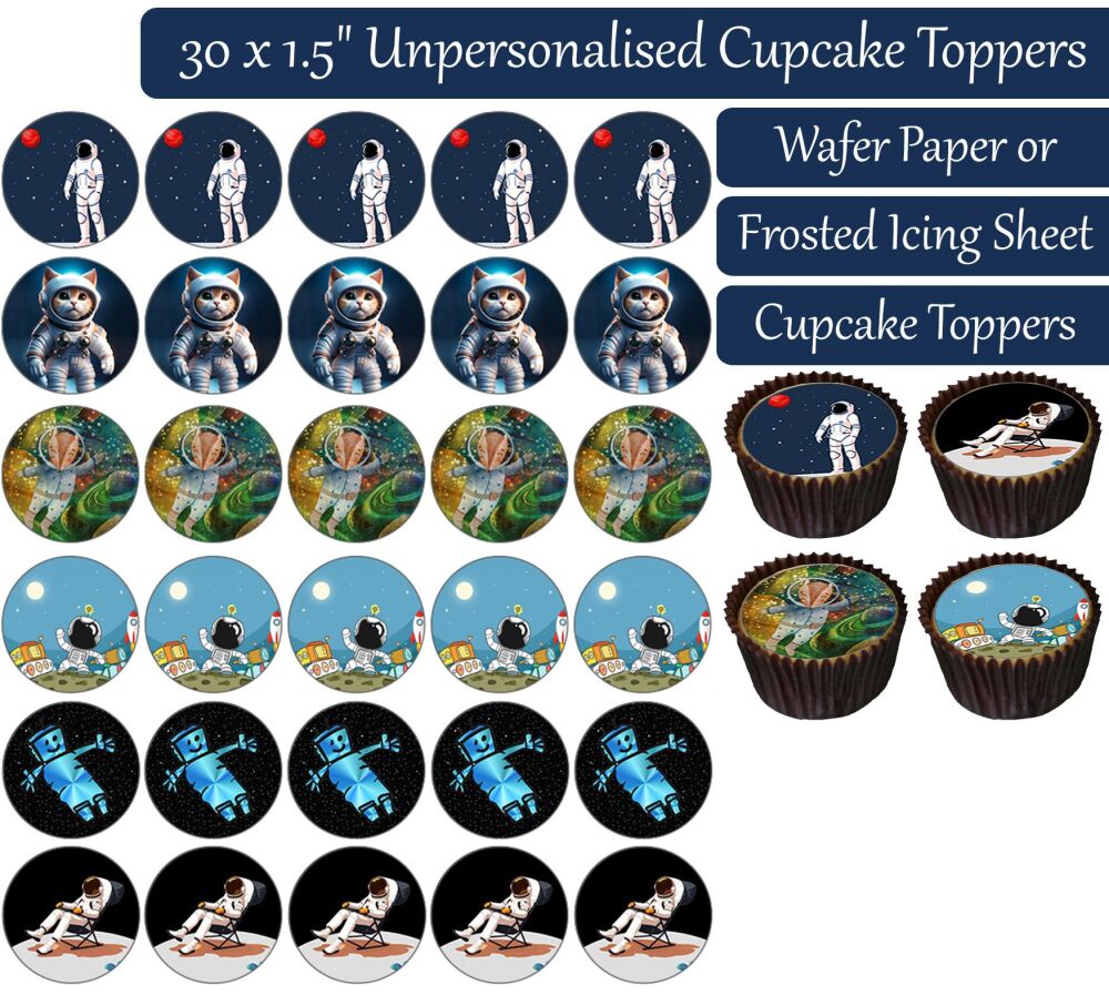 Astronaut Cartoon - 30 Cupcake Toppers