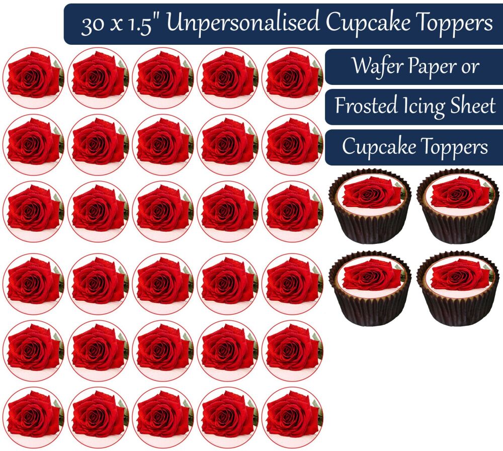 Beautiful Red Rose Flowers - 30 Cupcake Toppers