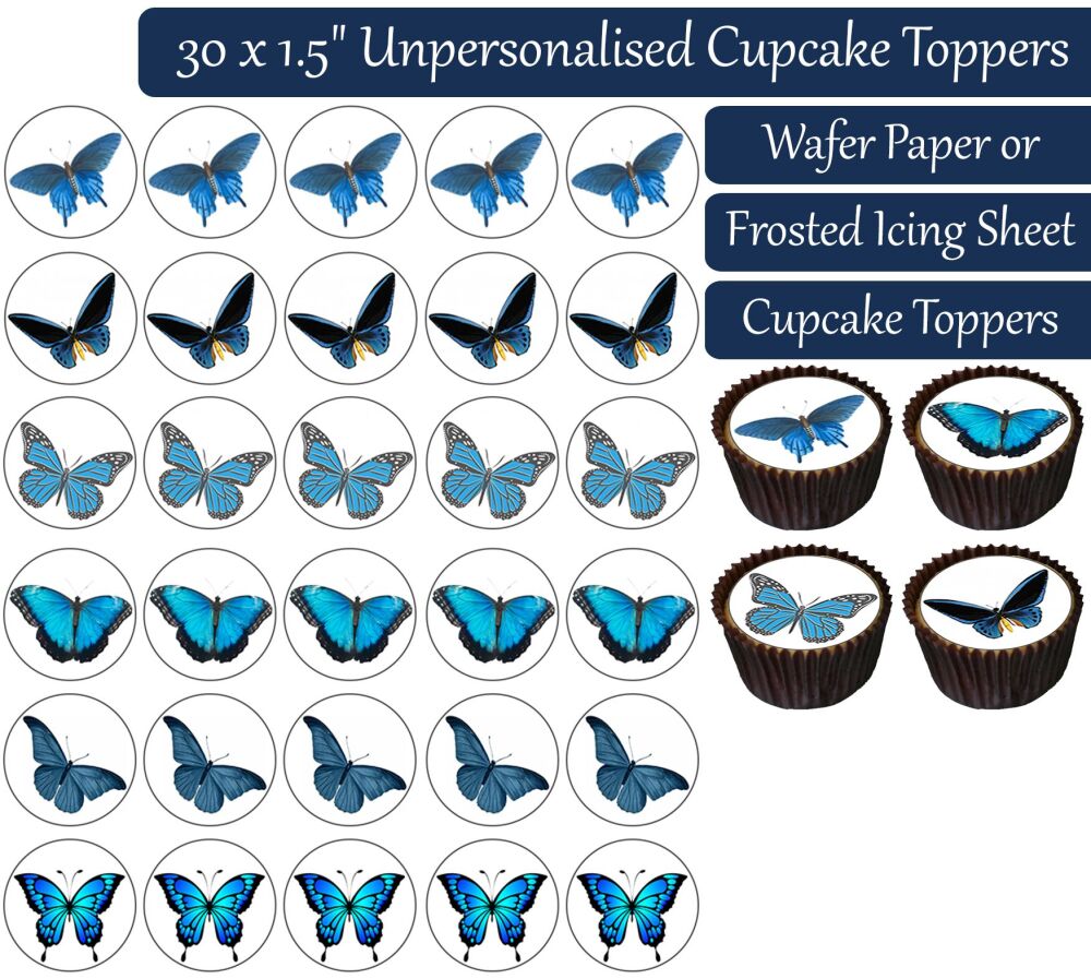 Butterflies Blue - 30 Cupcake Toppers