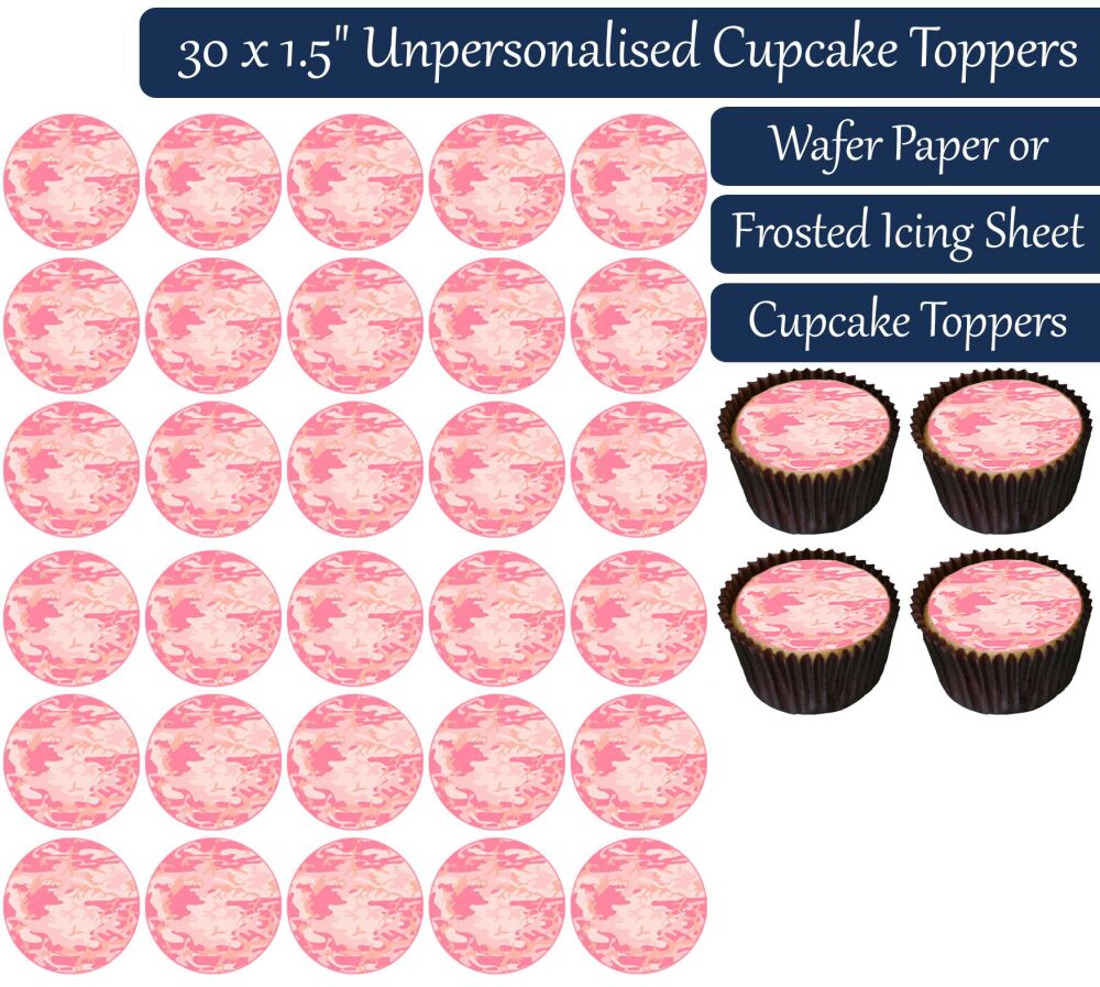 Camouflage Print - Pink - 30 Cupcake Toppers