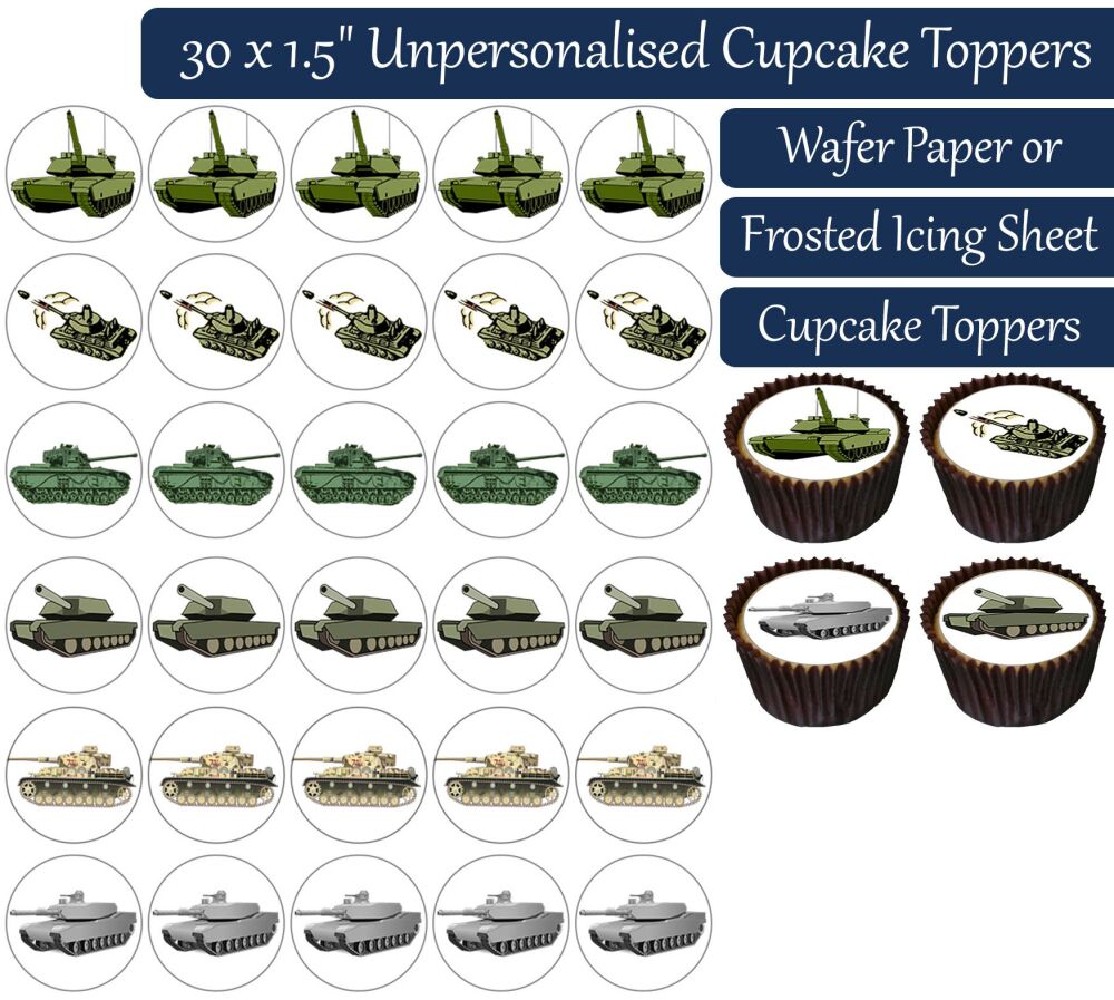 Cartoon Army Tanks - 30 Cupcake Toppers